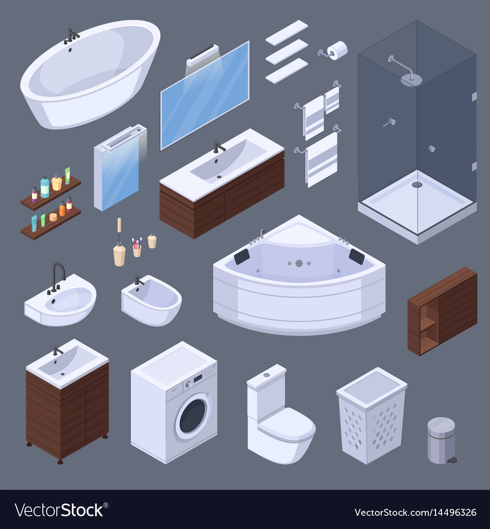 Bathroom elements isometric collection Royalty Free Vector