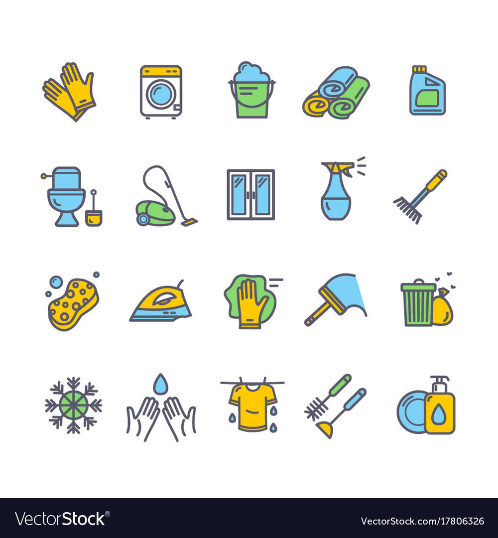 Household and cleaning tools colored thin line Vector Image