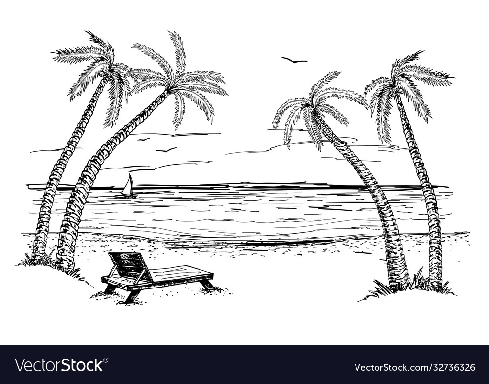 Landscape with sea and palm trees sketch summer