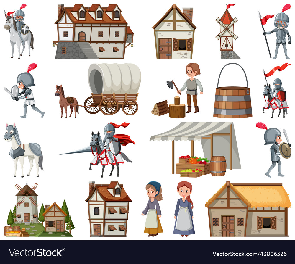 Medieval cartoon characters and objects