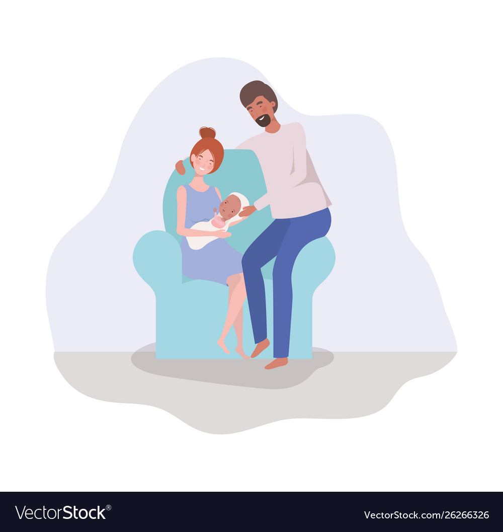 Parents taking care newborn baby in couch