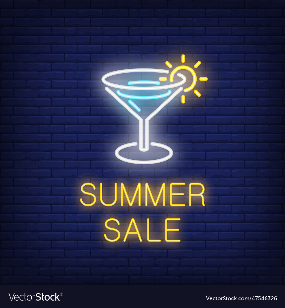 Summer sale neon text with cocktail