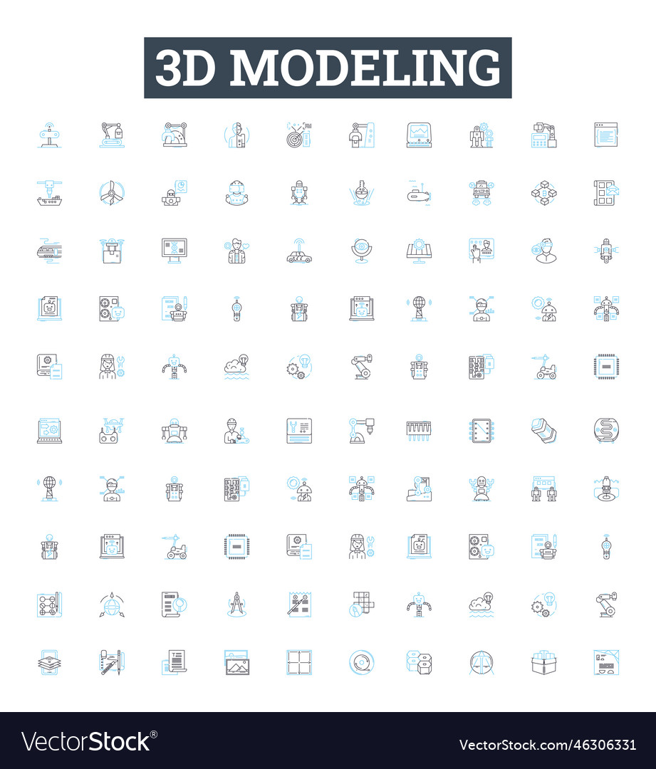 3d modeling line icons set modelling