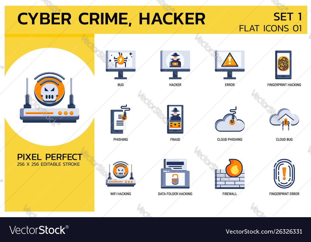 Flat icons style hacker cyber crime attack vector image Flat icons style hacker cyber crime attack