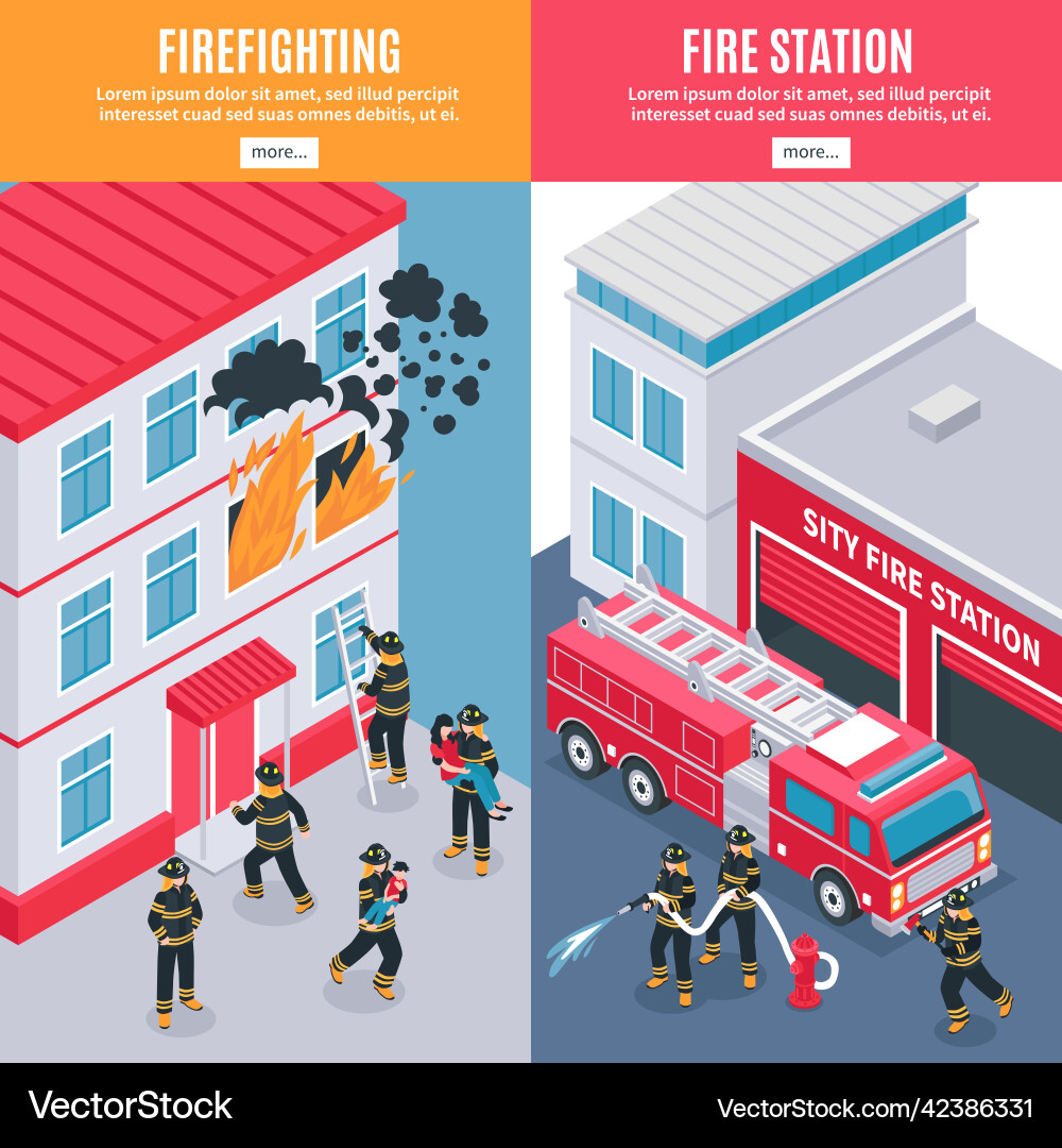 Isometric firefighter banners Royalty Free Vector Image