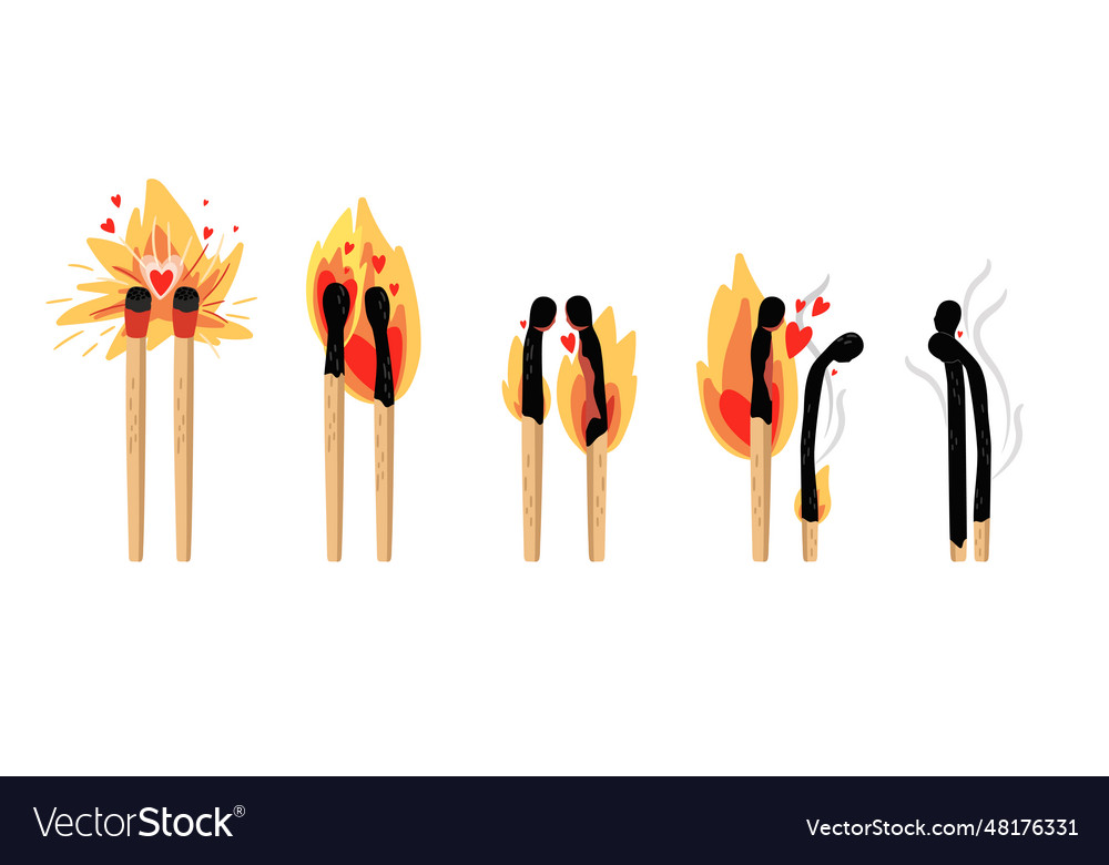 Set of burning match sequence steps combustion vector image Set of burning match sequence steps combustion
