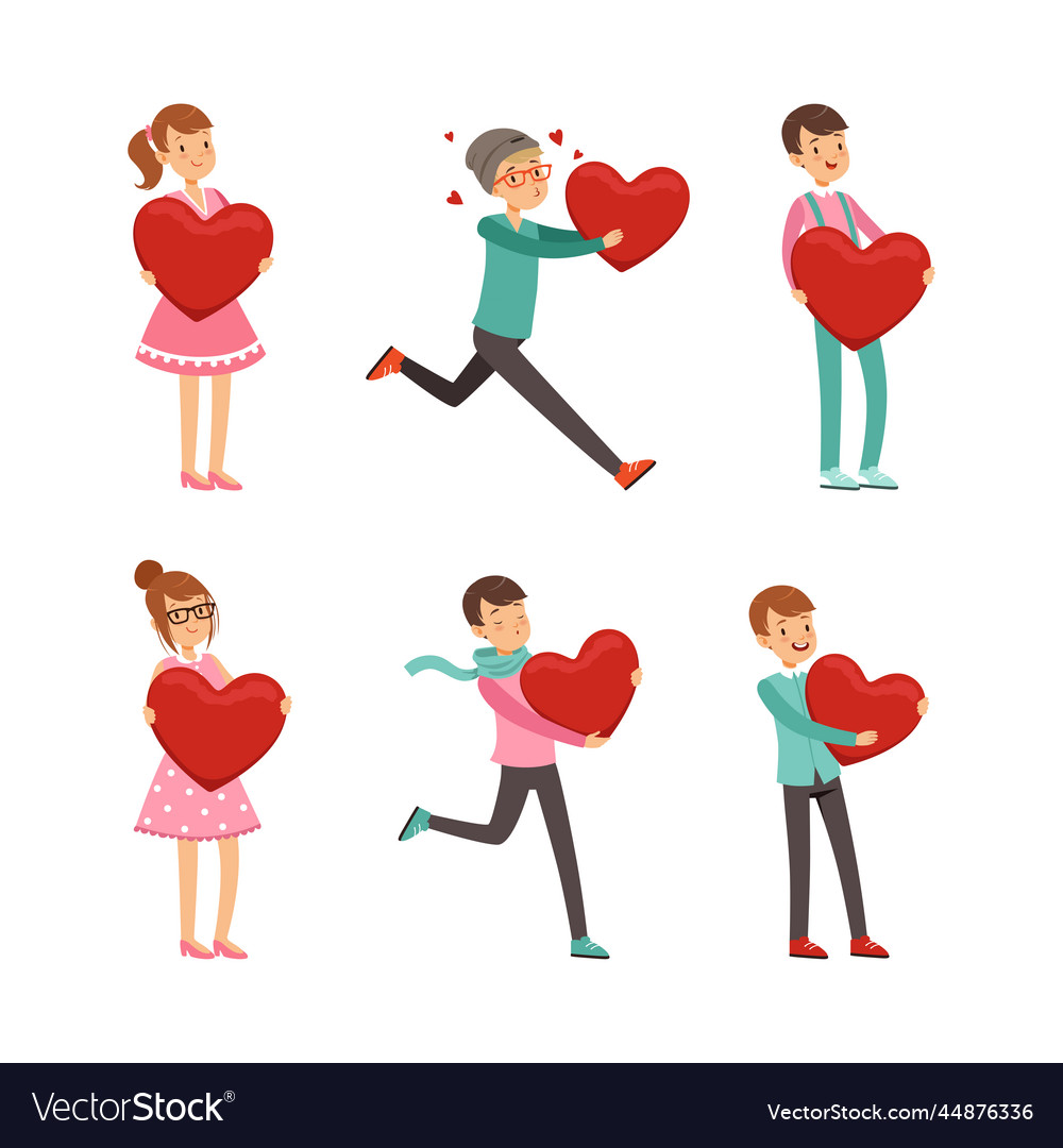 Cute teen boys and girls holding red hearts set Vector Image