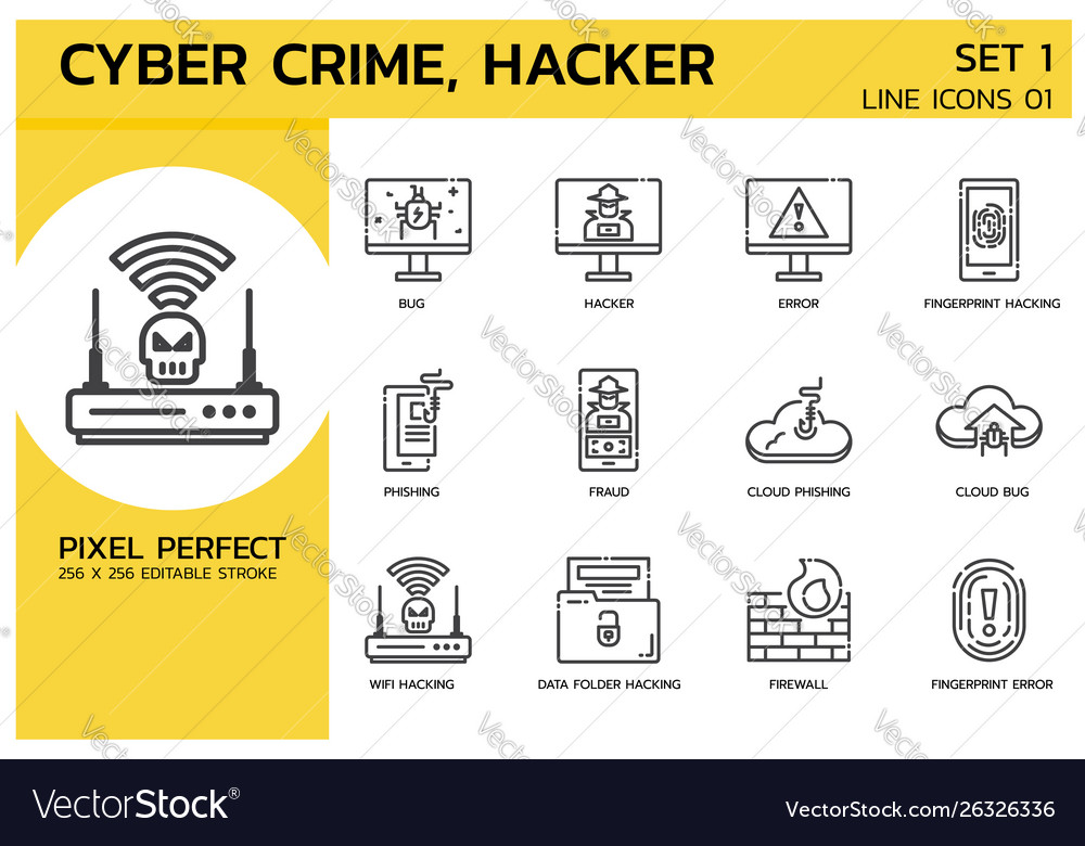 Filled line icons style hacker cyber crime attack vector image Filled line icons style hacker cyber crime attack