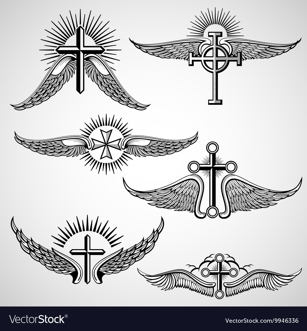 Vintage cross and wings tattoo elements Royalty Free Vector