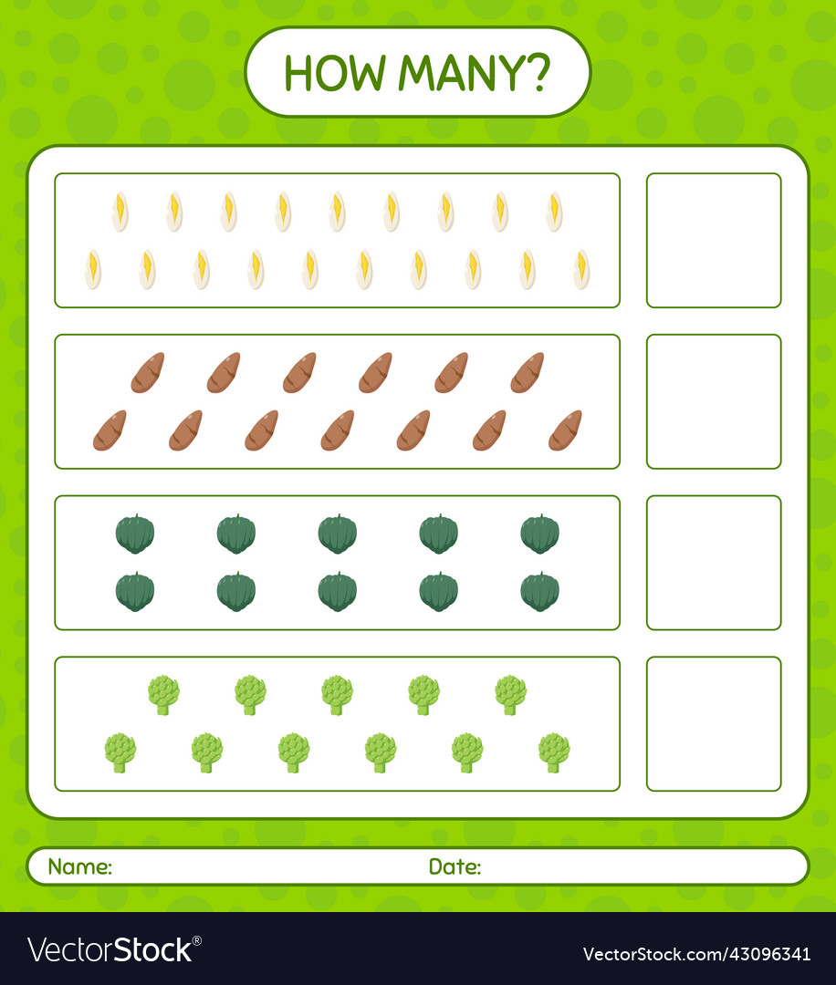 How many counting game with vegetables worksheet Vector Image How many counting game with vegetables worksheet