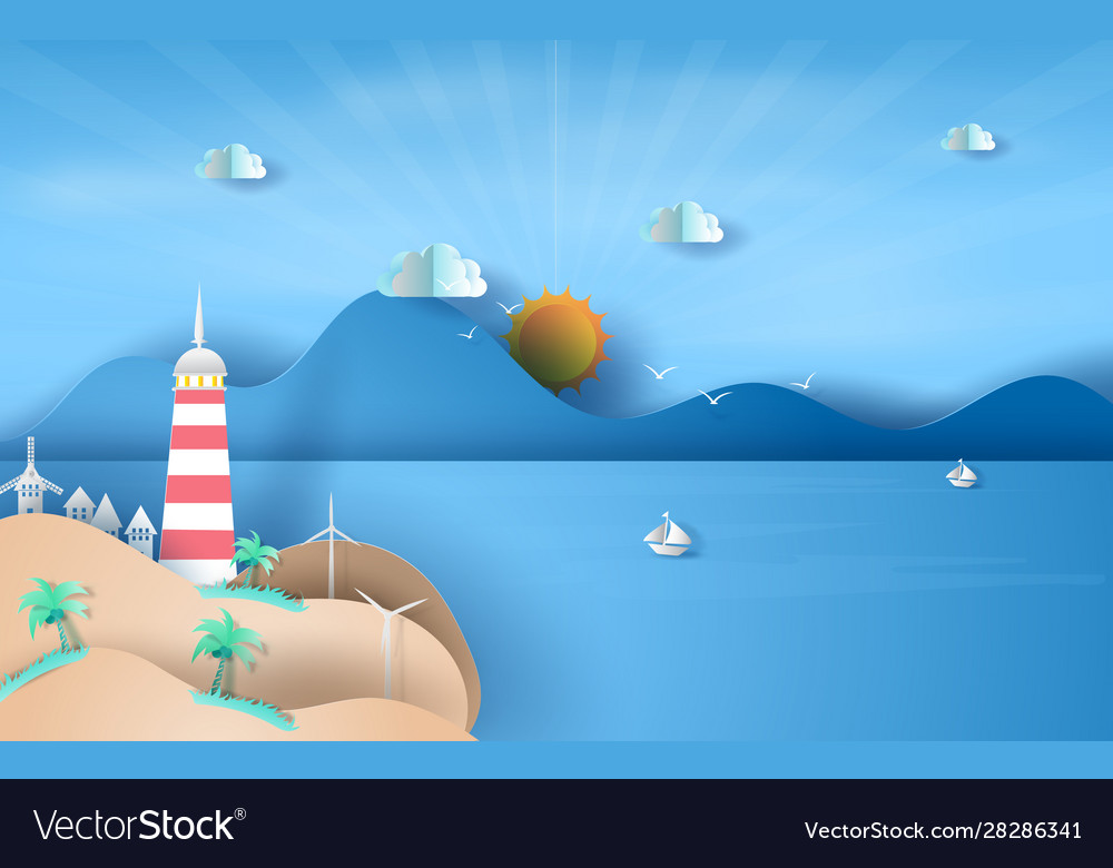 Island with lighthouse on sea view sunlight blue