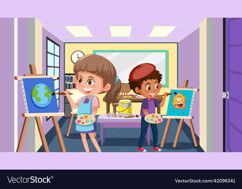 School Art Classroom With Student Kids Royalty Free Vector