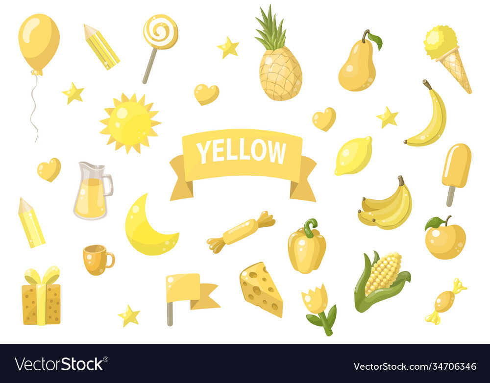 Big set yellow objects isolated on white