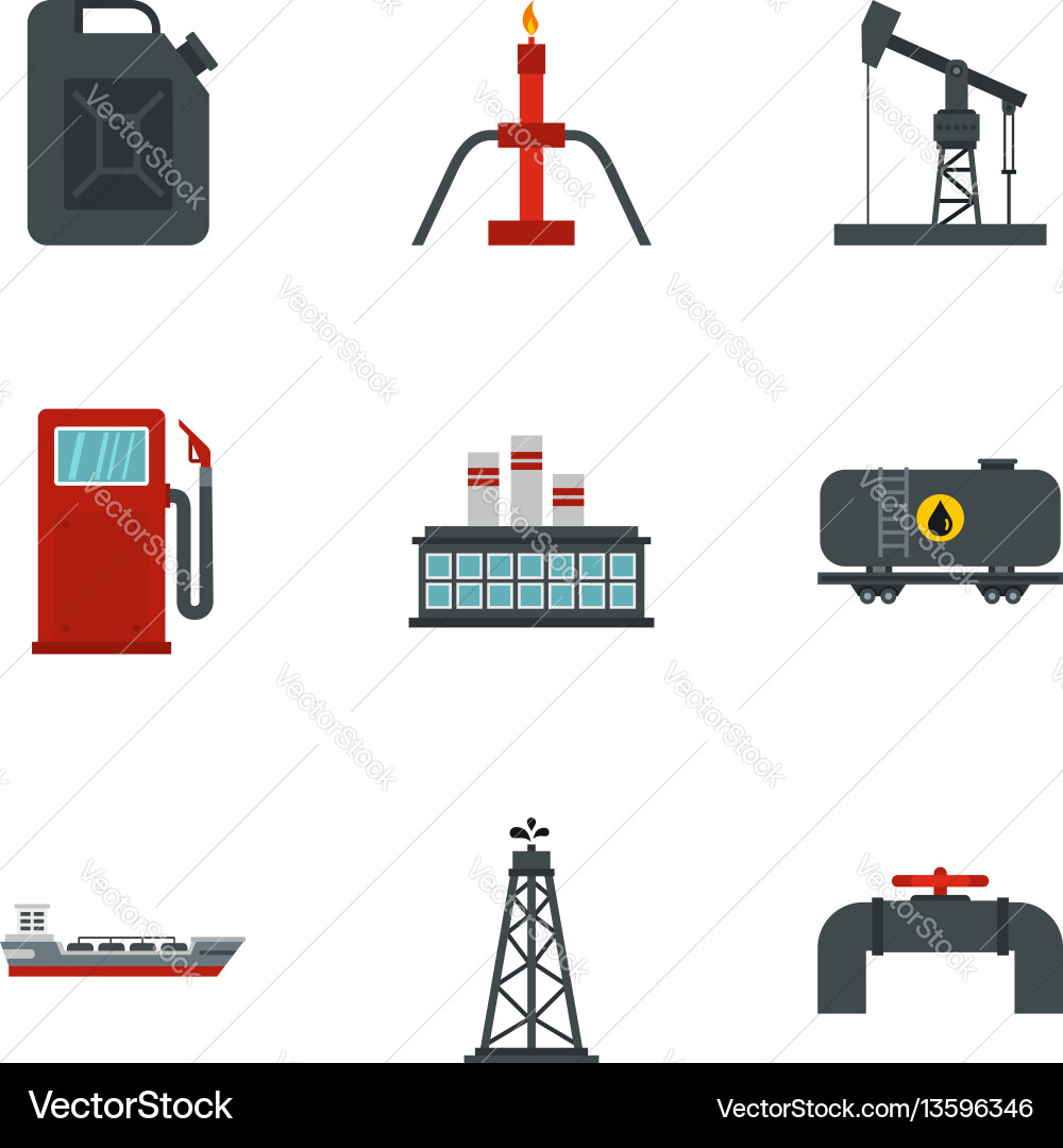 Gasoline processing icons set flat style Vector Image