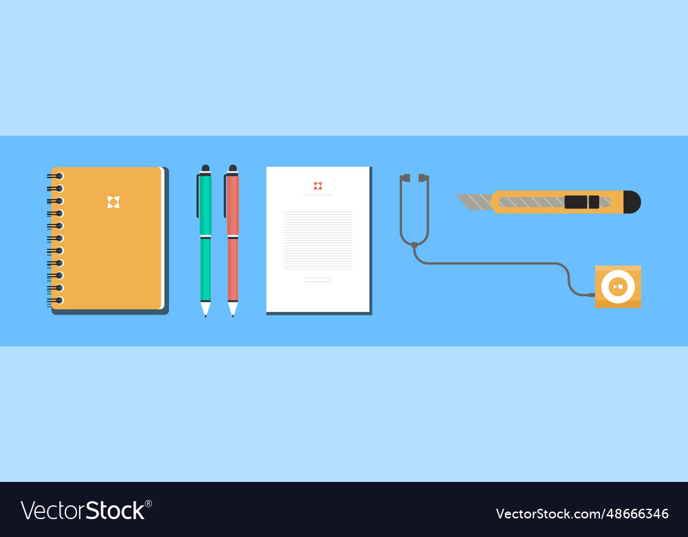 Office object and business workflow items on blue