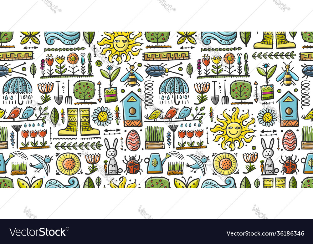 Spring and gardening background seamless pattern vector image Spring and gardening background seamless pattern