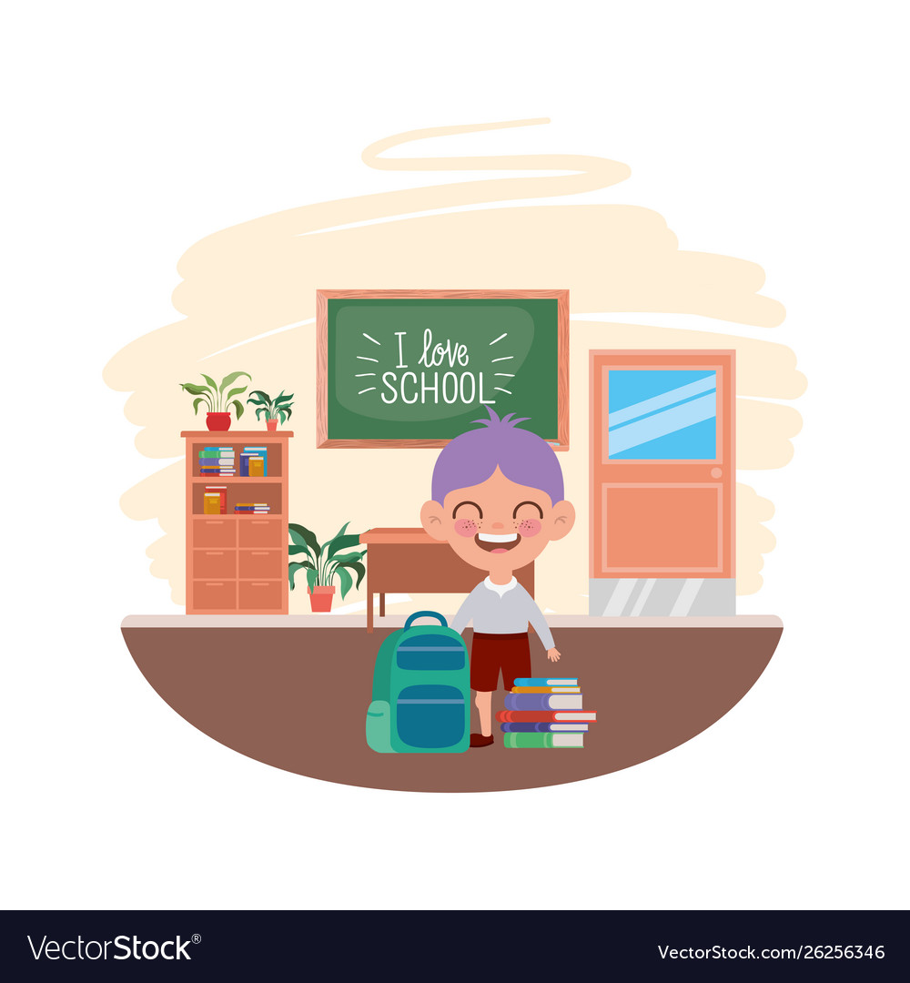 Student boy with school supplies in classroom