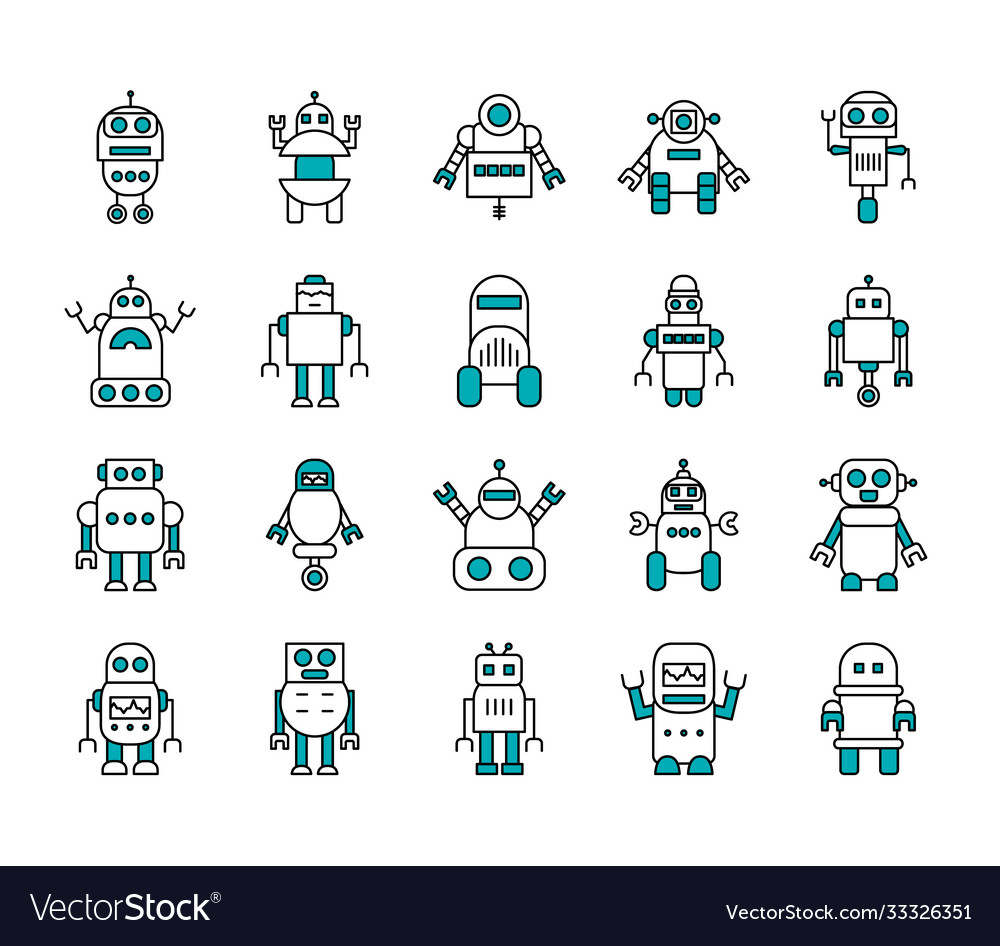 Robotics and cartoon robots icon set half line