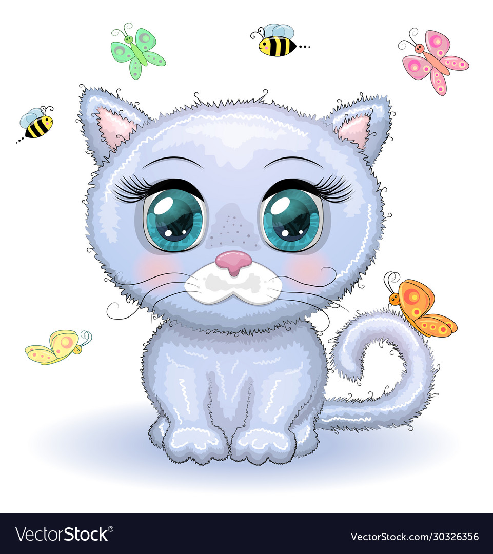 Cute cartoon pink cat kitten on a background