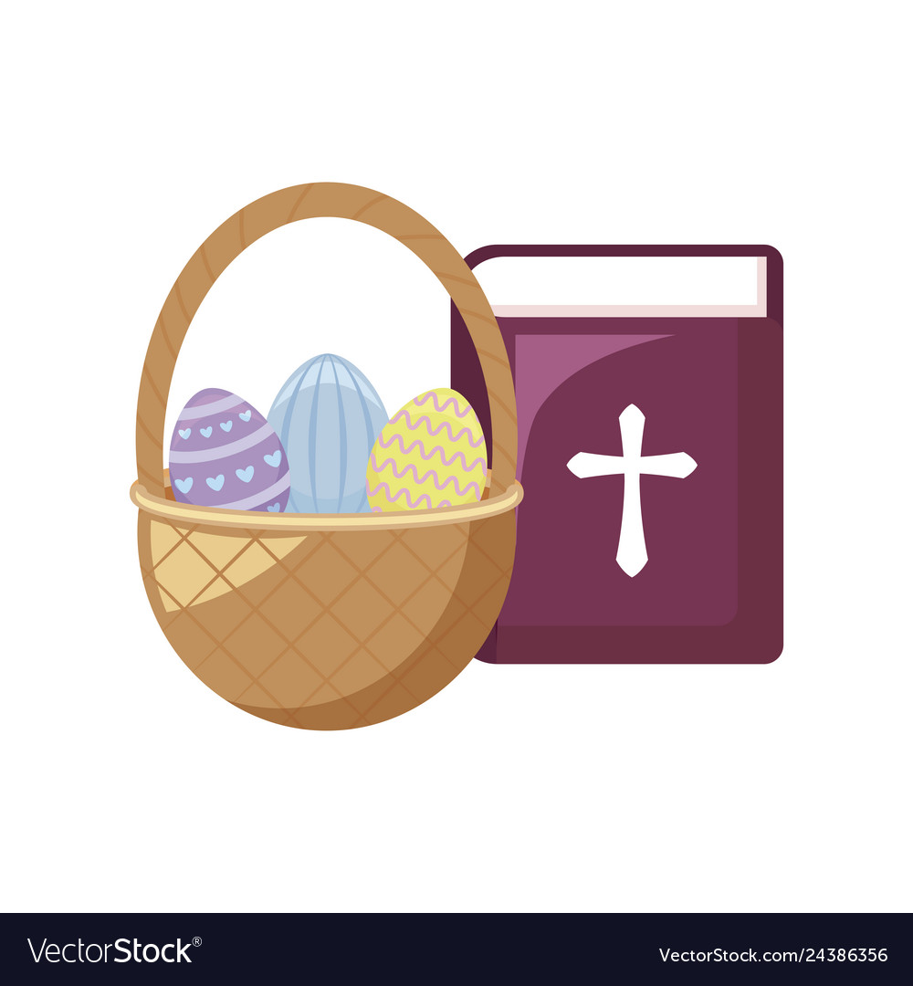 Eggs of easter with basket wicker and holy bible