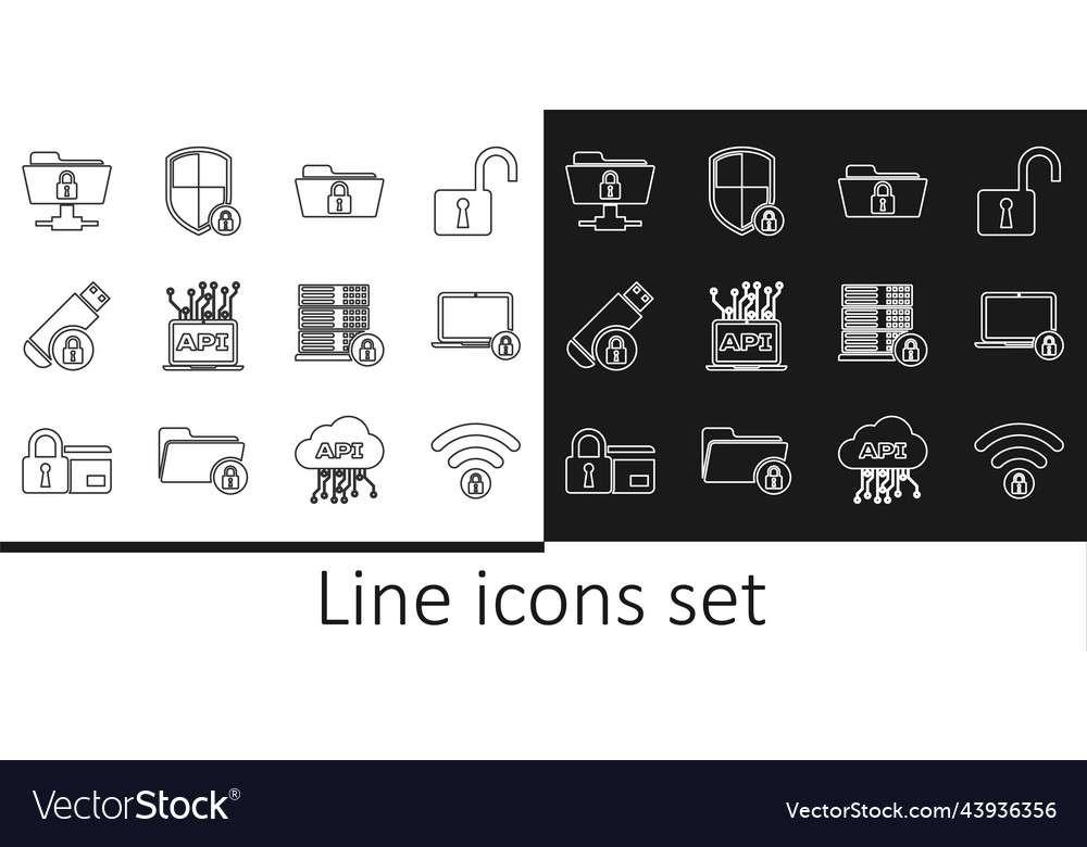 Set line wifi locked laptop and folder computer vector image Set line wifi locked laptop and folder computer