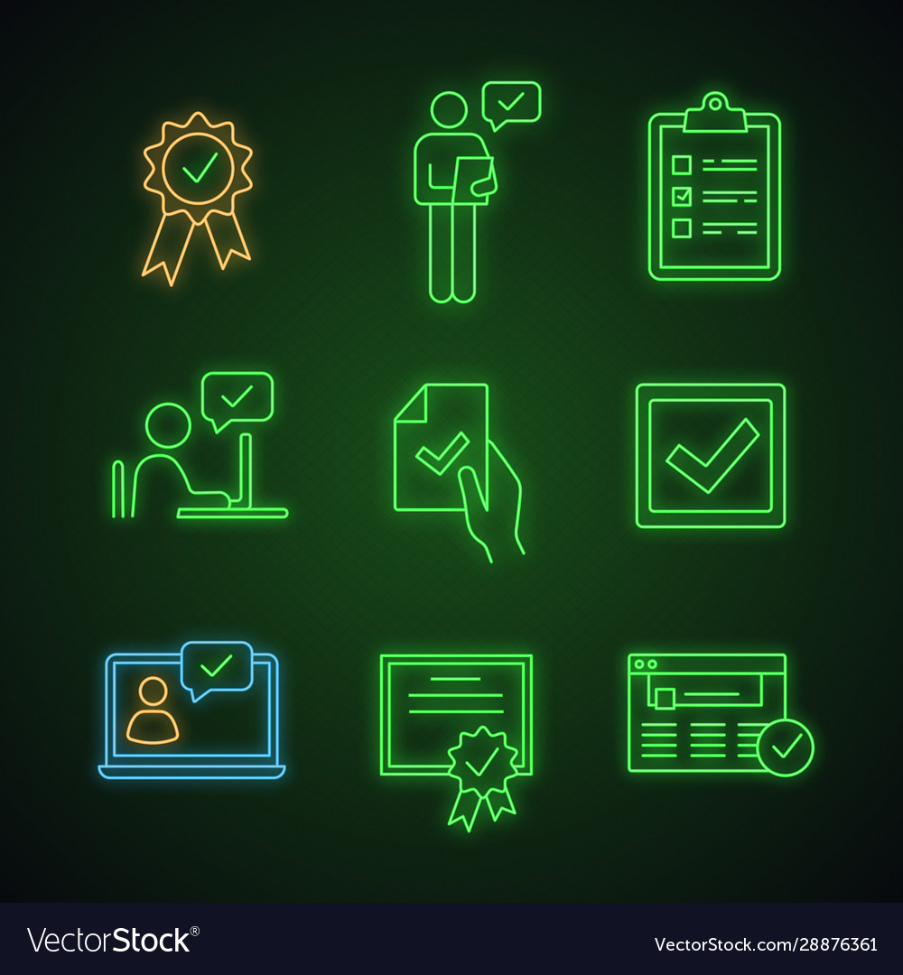 Approve neon light icons set