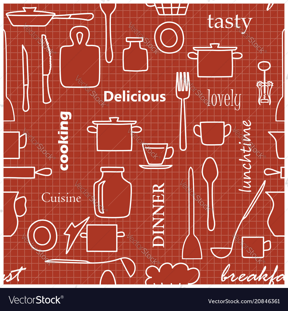 Kitchenware and words - dark red seamless