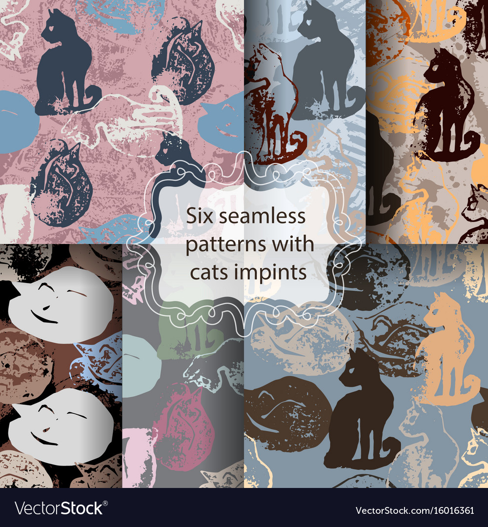 Set of seamless patterns with cat stamps