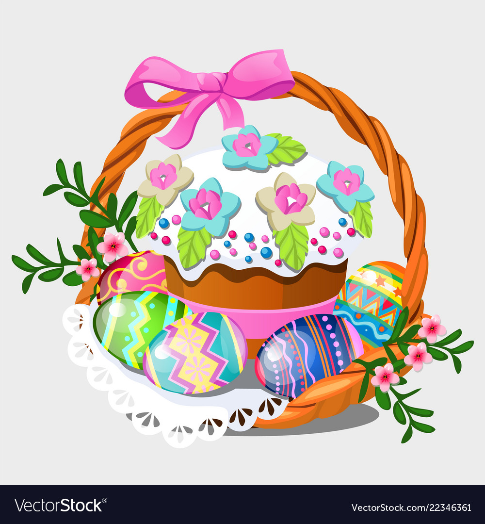 Wicker basket with set of colorful eastern eggs Vector Image