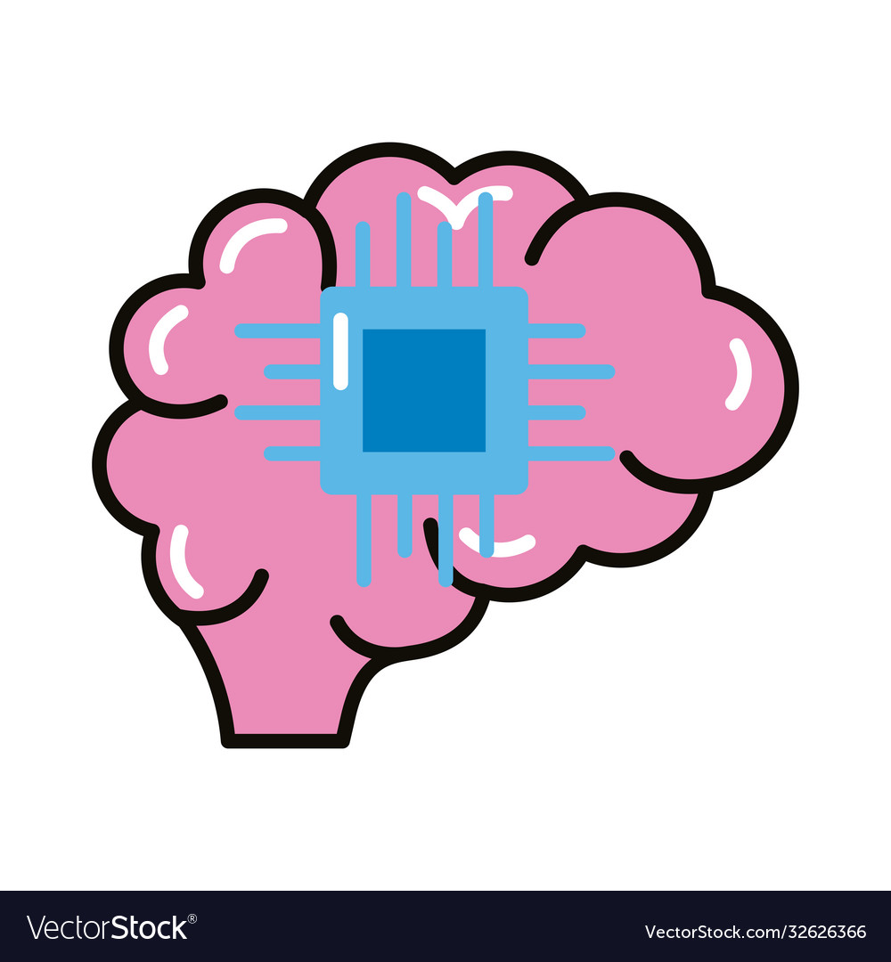 Brain human with processor chip line and fill vector image Brain human with processor chip line and fill