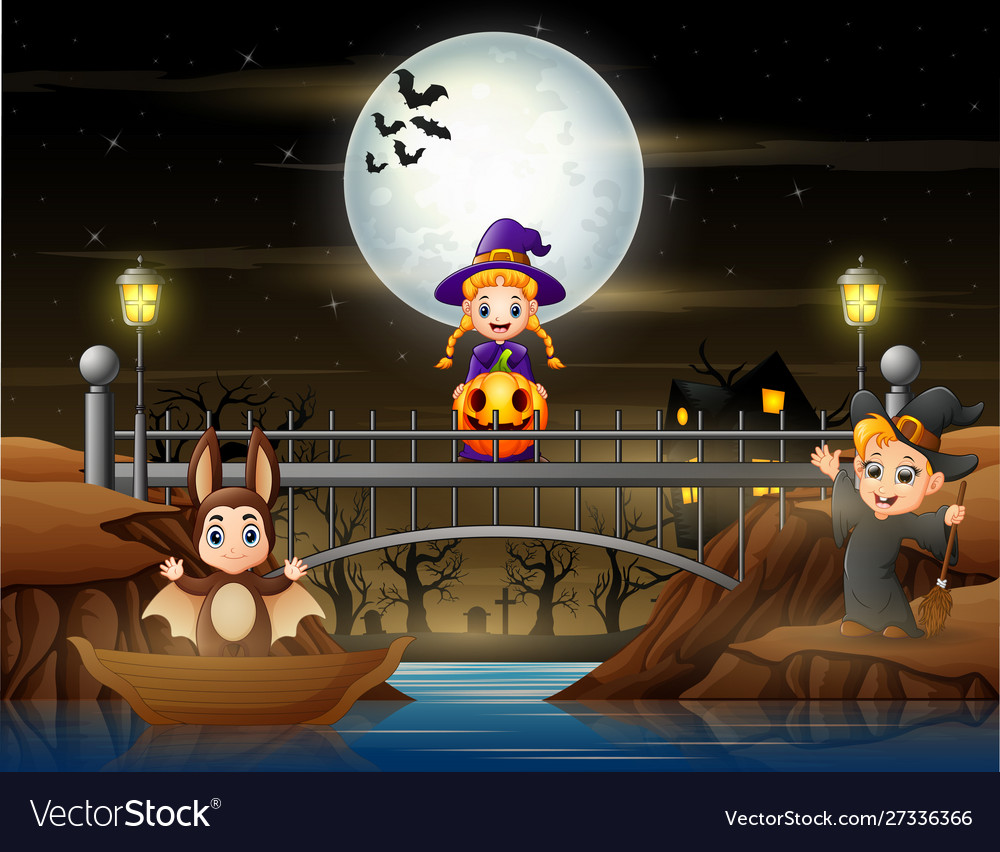 Glückliche Kinder im Halloween Kostüm feiern auf Braut vector image Glückliche Kinder im Halloween Kostüm feiern auf Braut