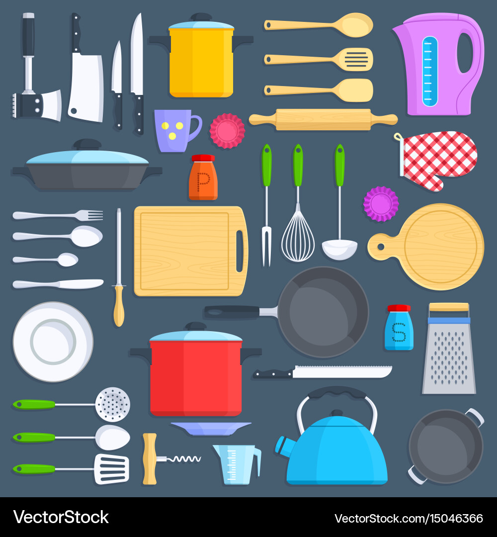 Kitchen tools cookware and kitchenware flat icons Vector Image