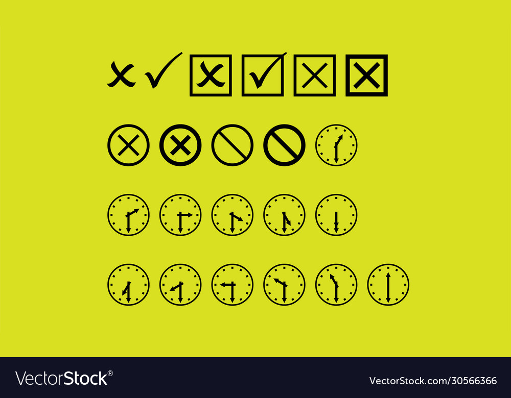 Set clock icon and check mark cross Vector Image Set clock icon and check mark cross