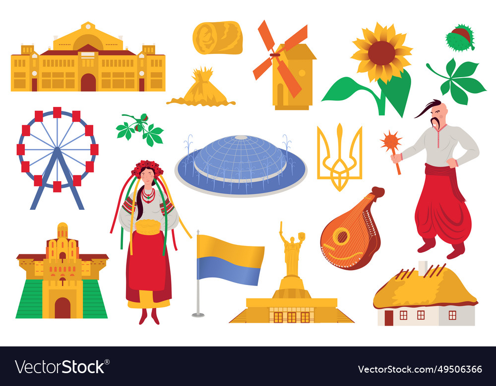 Ukraine culture symbols mega set in flat design Vector Image