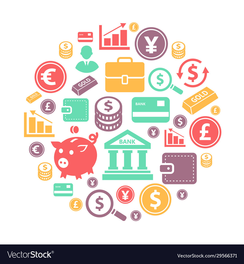 Finance and bank icons on circle background