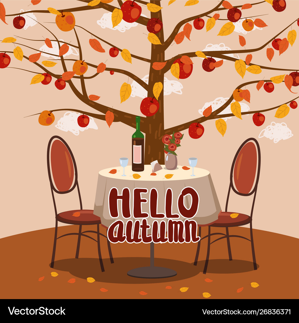 Hello autumn cafe table with wine for two persons Vector Image