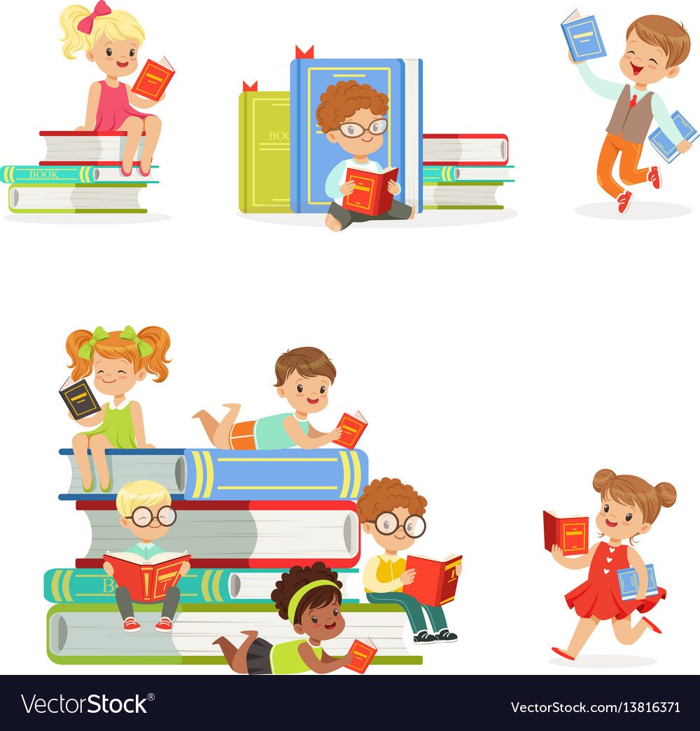 Kids reading books and enjoying literature set of Vector Image