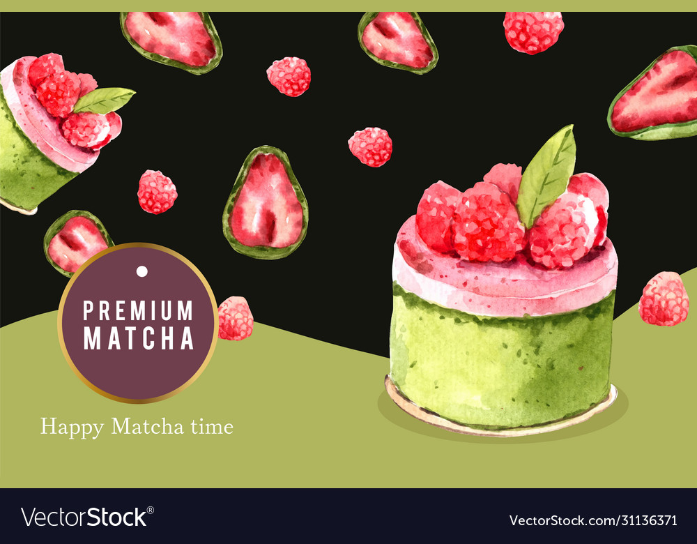 Matcha Sweet Frame Design mit Kuchen Erdbeeren