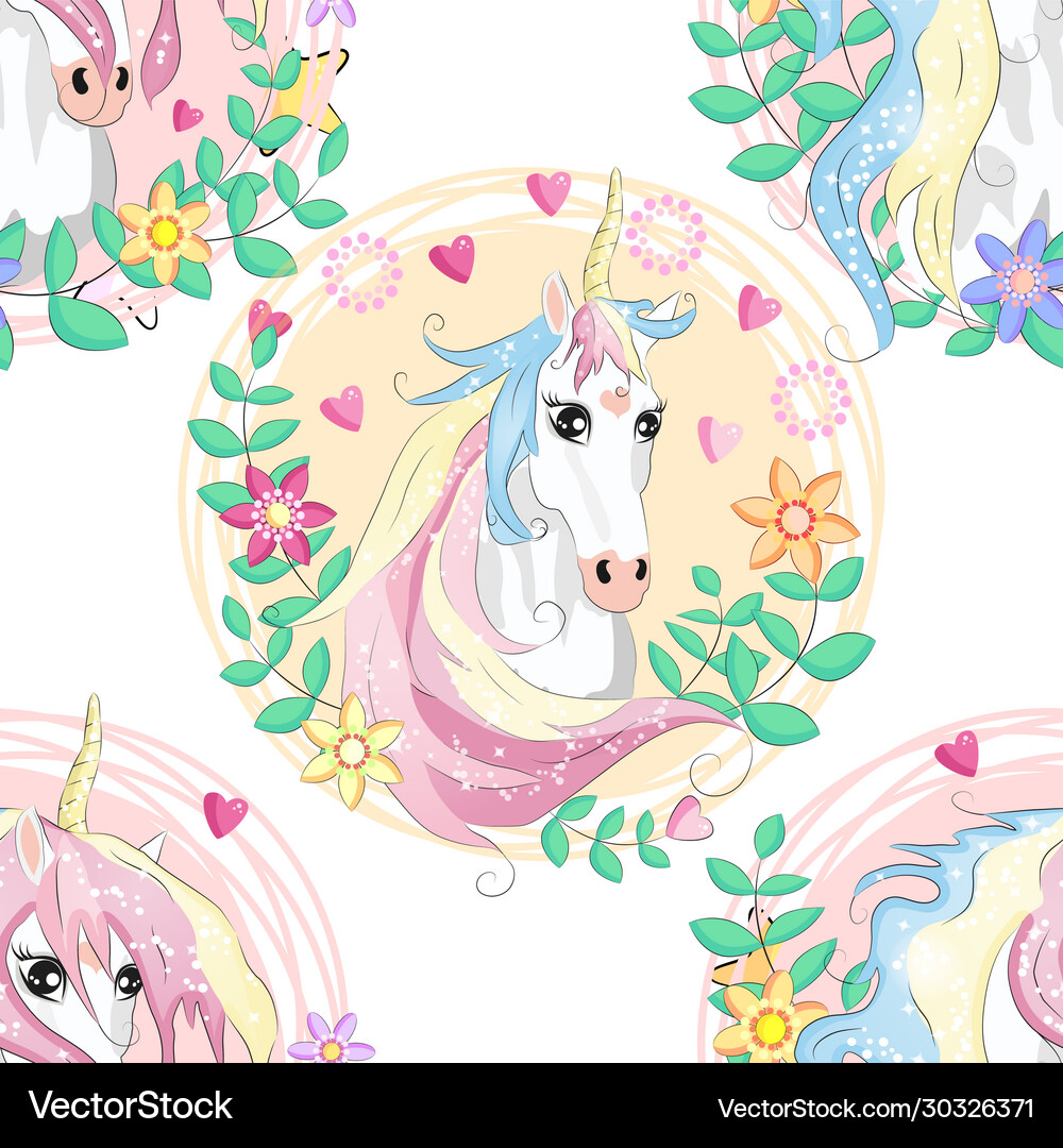 Seamless pattern with cute unicorns cloudsrainbow Vector Image