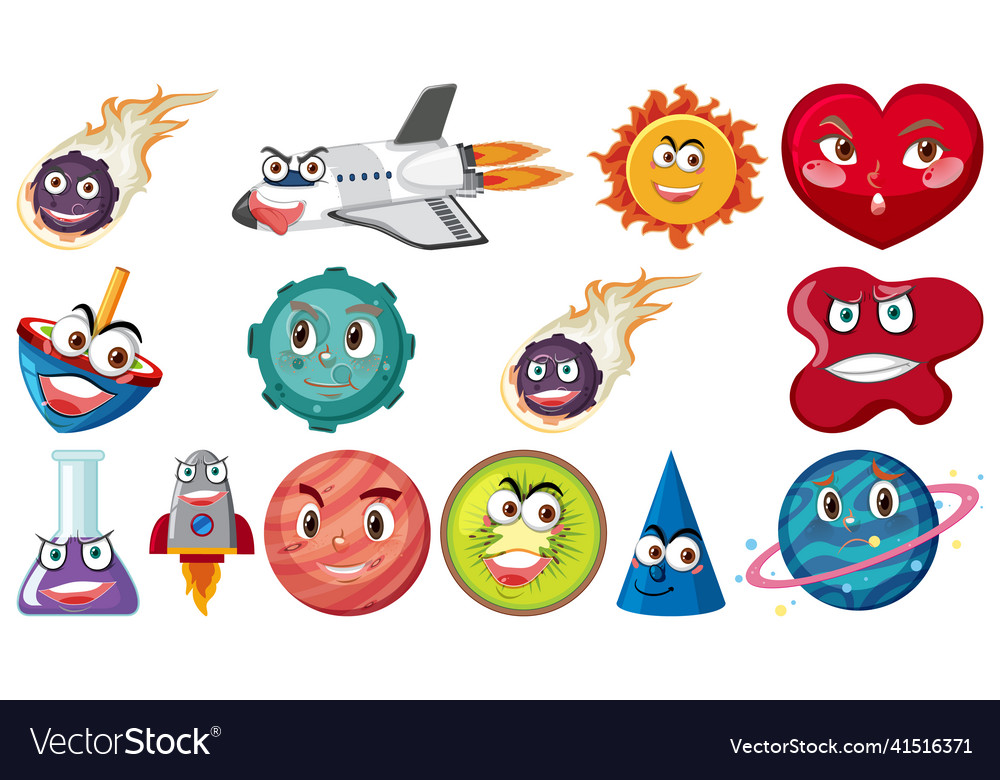 Set of different toy objects with smiley faces