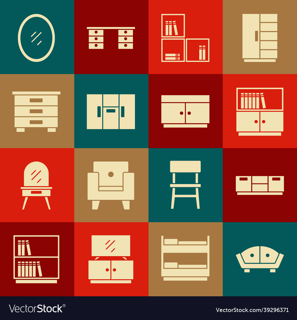 Set sofa furniture nightstand library bookshelf Vector Image