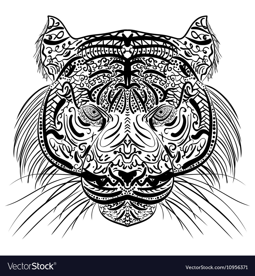 Sketch black and white tiger head zen-tangle