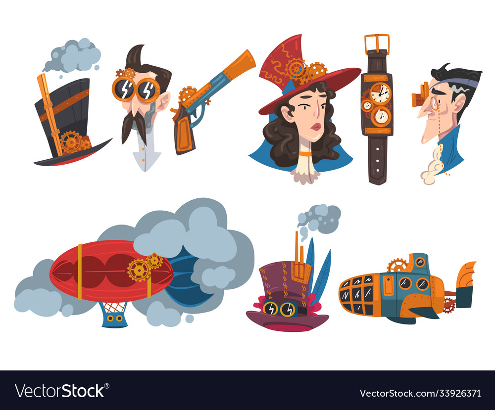 Steampunk design elements set mechanical vector image Steampunk design elements set mechanical