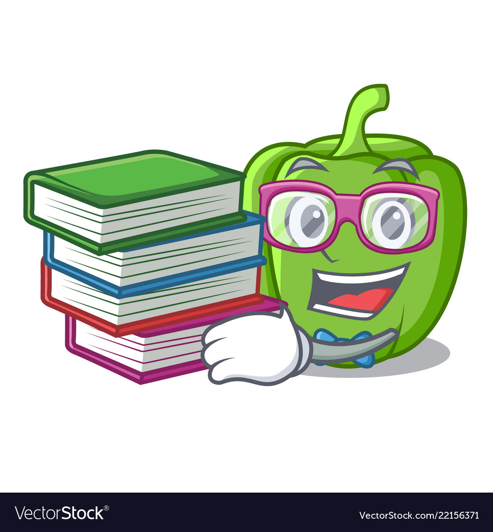 Student with book green bell peppers isolated