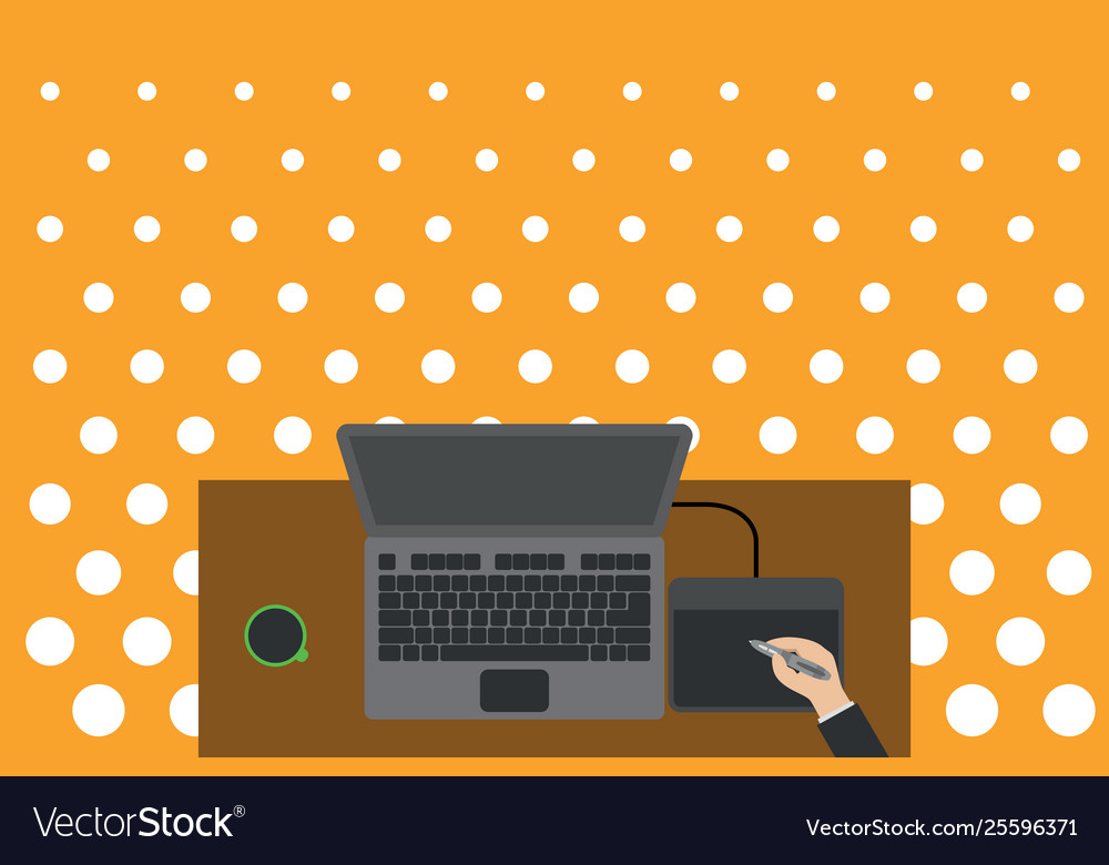 Upper view laptop wooden desk person drawing Vector Image