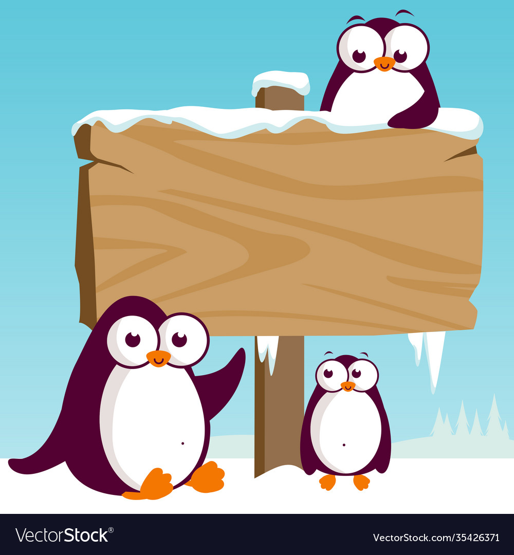 Wooden sign on a winter landscape with penguins