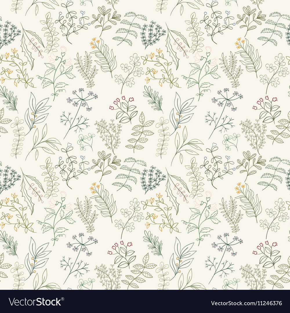 Seamless pattern of flowers herbs and leaves