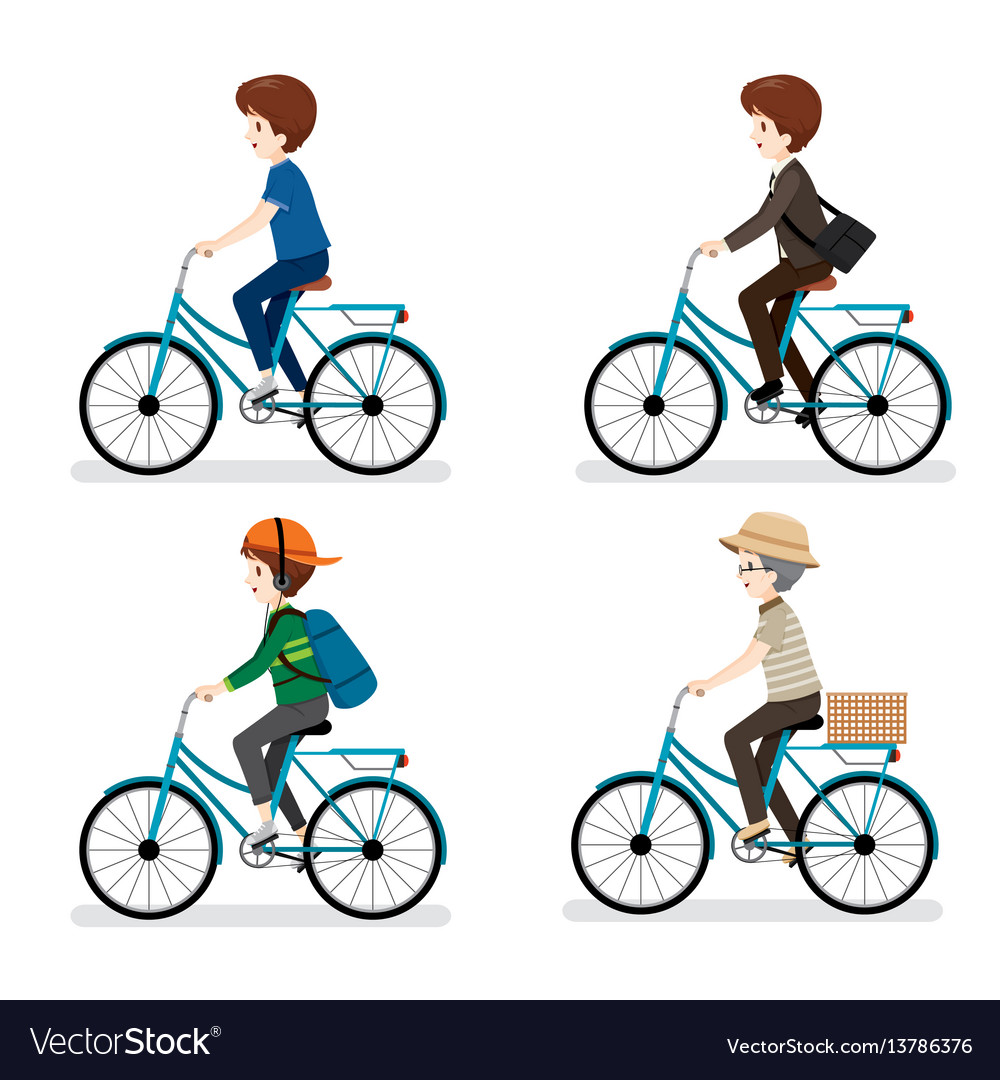 Set of man riding bicycle with different actions