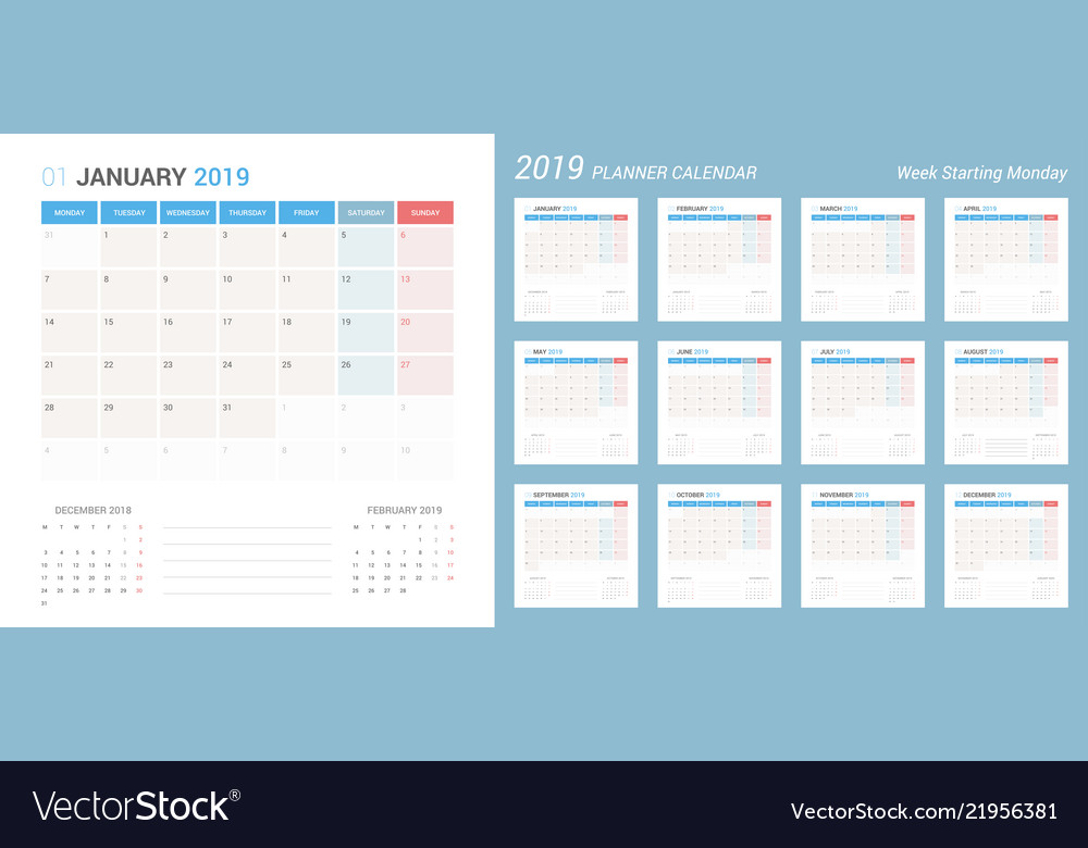 Calendar 2019 planner design starts monday Vector Image