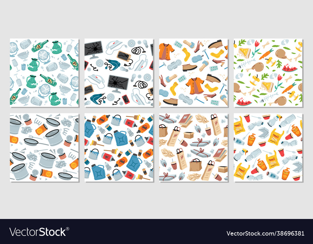 Set 8 garbage seamless patterns with trash vector image Set 8 garbage seamless patterns with trash
